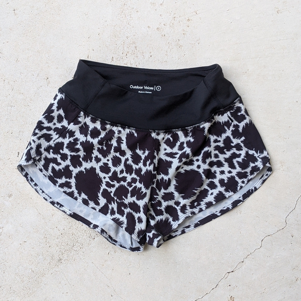 Outdoor Voices Black and White Leopard-Print Running Shorts